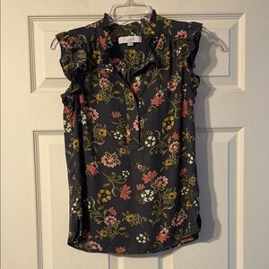 LOFT XS Floral Ruffle Henley Shell Sleeveless Top Grey Floral